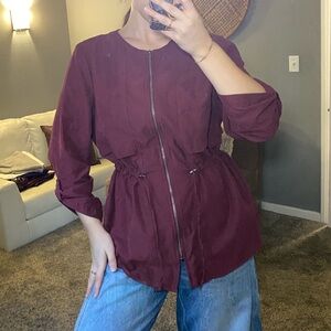 Maurices Burgundy Zip Up Shirt Jacket with Cinched Waist
